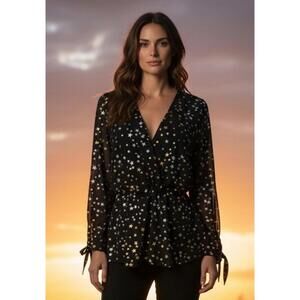 If By Sea Preloved Blouse Size L Black Star Print Top with Semi Sheer Tie-Sleeve